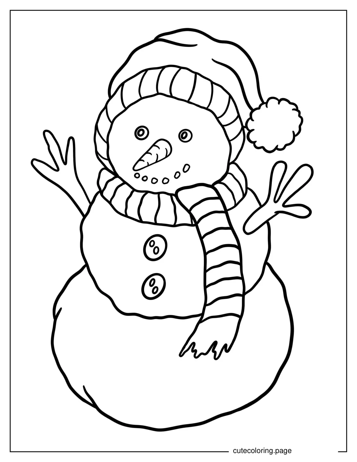 Easy Outline Of a Snowman With Carrot Nose And Stick Hands coloring page