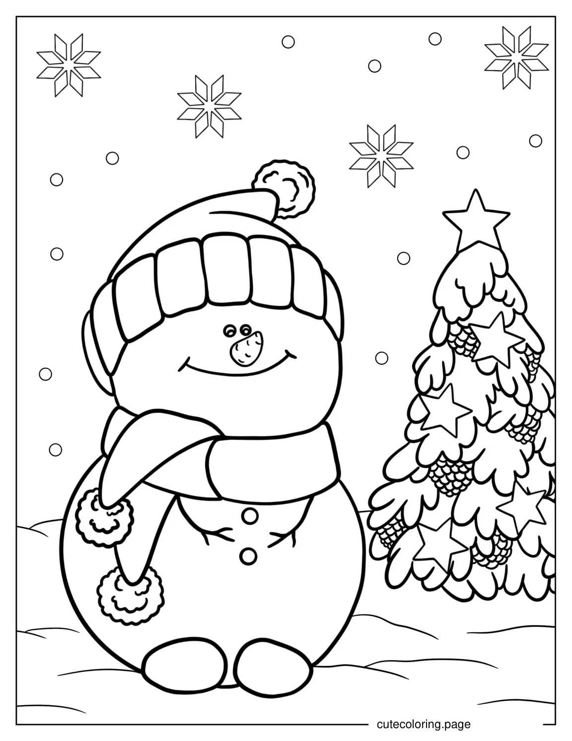 Happy Snowman Sitting Next To Christmas Tree coloring page