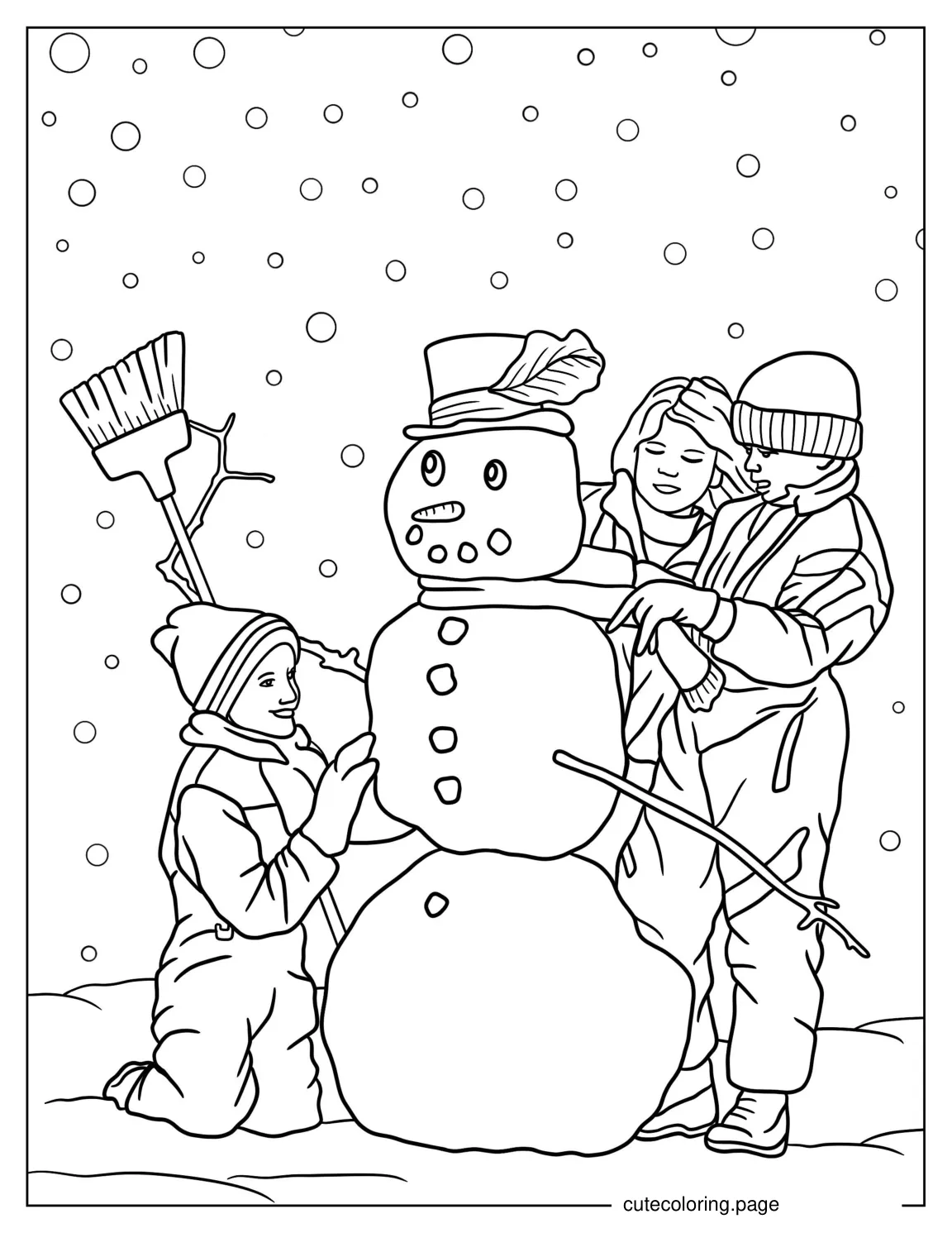 Kids Decorating a Snowman To Color coloring page