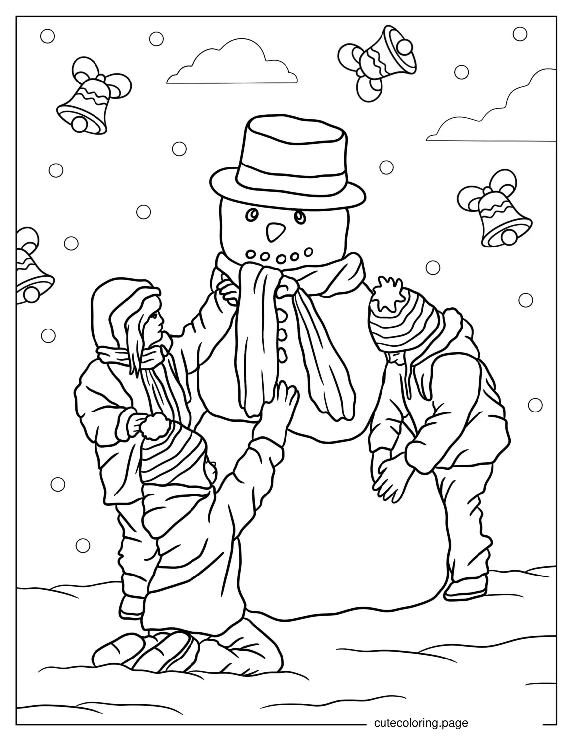 Realistic Looking Snowman Being Made By Kids coloring page