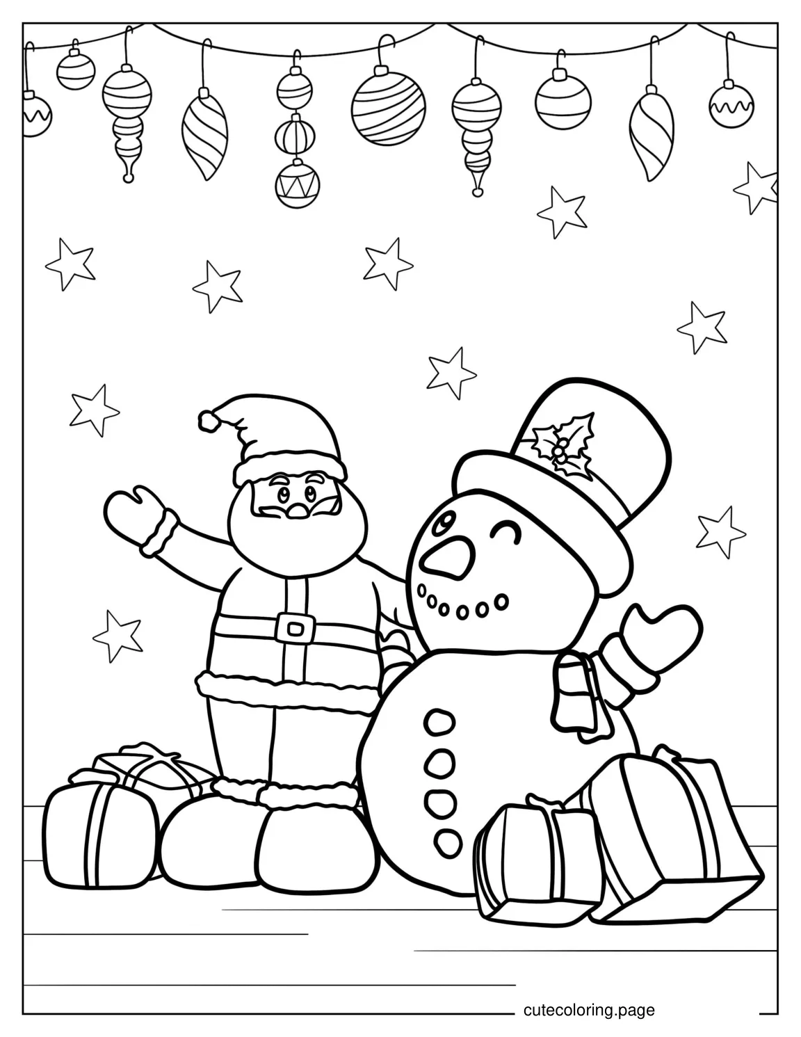 Santa And Snowman To Color With Ornaments And Presents coloring page