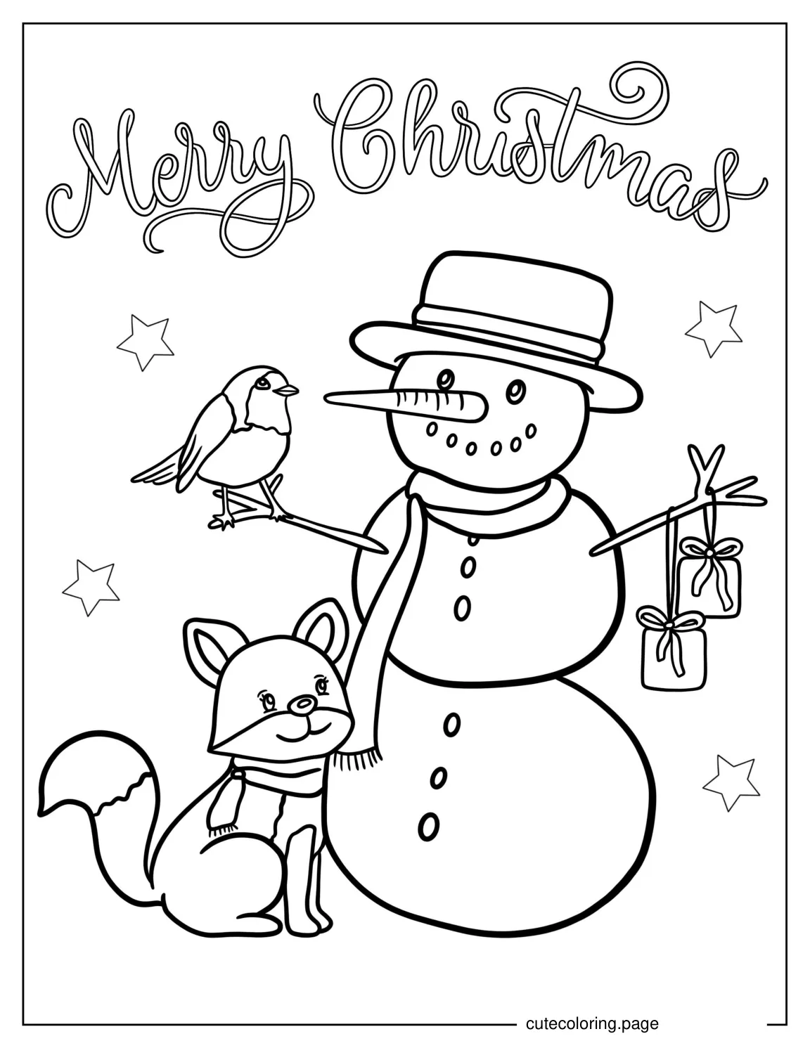 Snowman With Dig And Bird To Color coloring page