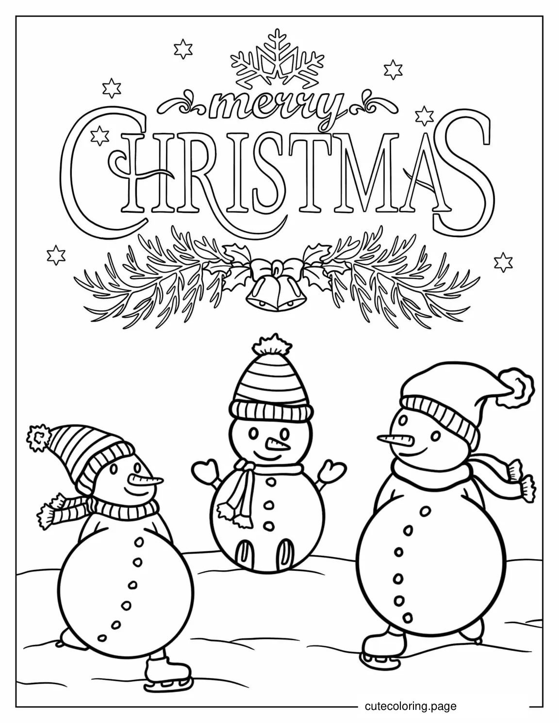 Three Snowmen Ice Skating During Christmas coloring page