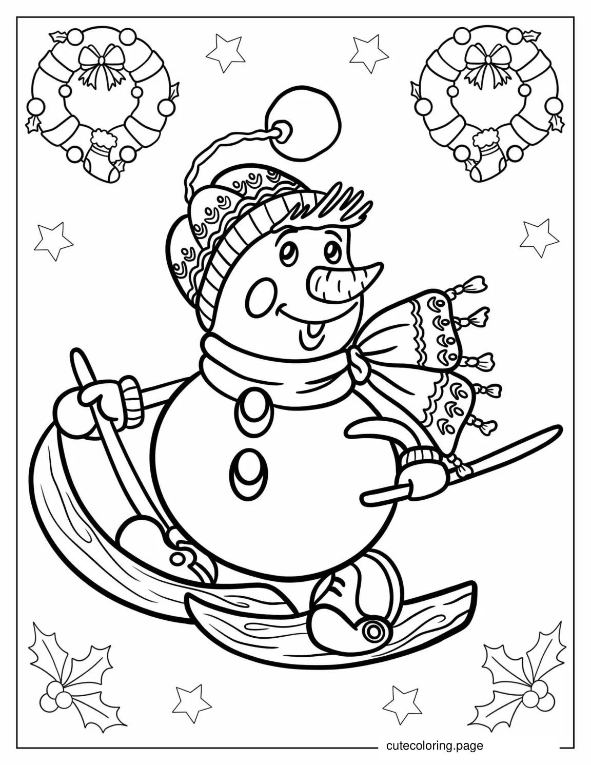 Young Snowman Skiing To Color coloring page